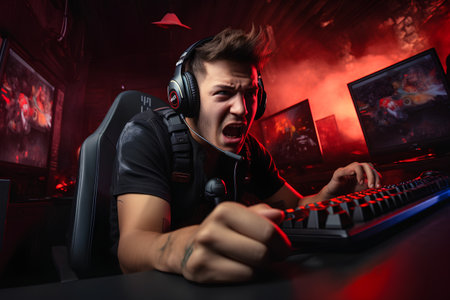 Young man playing computer games on a dark background with red lights.の素材