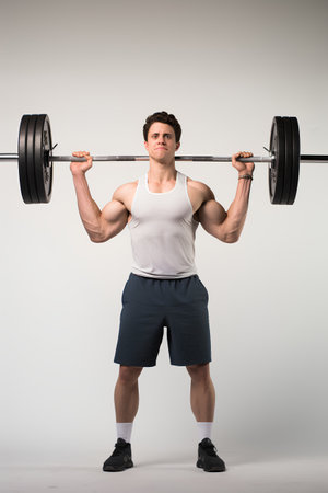 Muscular man lifting a barbell on grey background. Full length portraitの素材