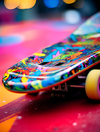 Skateboard on the colorful background with bokeh effect.の素材