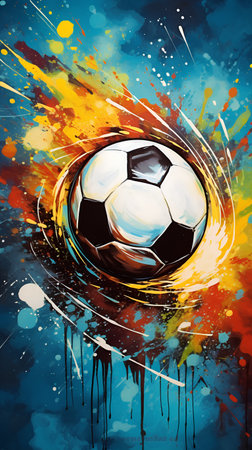 Soccer ball on abstract grunge background with splashes and blotsの素材