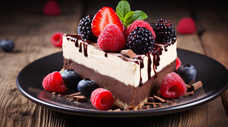 Piece of chocolate cake with berries on a dark wooden background.の素材