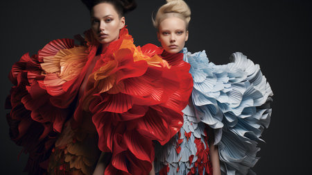 Fashion photo of two elegant women in red and blue dresses.の素材