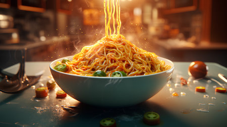 Spaghetti with green peas in a white bowl on a dark backgroundの素材
