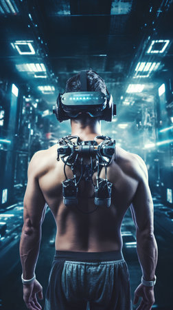 Rear view of muscular man using virtual reality headset against futuristic roomの素材