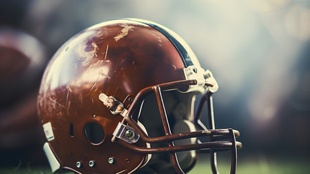 American football helmet on green grass. Close up. Vintage tonedの素材