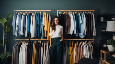Beautiful young businesswoman standing in front of a hanger full of clothes.の素材