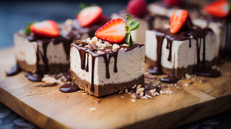 Cake with chocolate and strawberries on a wooden board. Toned.の素材