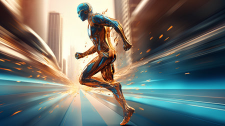 3D rendering of a female robot running on a futuristic background.の素材
