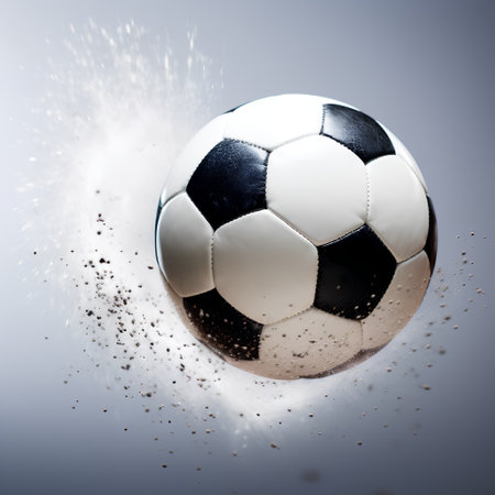 Soccer ball with particles flying in the air. 3d illustrationの素材