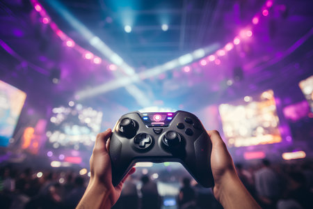 Hand holding a gamepad on a blurred background of a live concertの素材