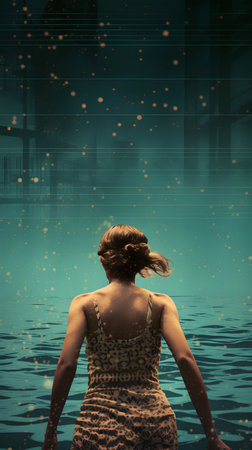 Young woman sitting on the edge of a swimming pool and looking at the cityの素材