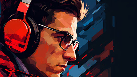 Vector illustration of a man listening to music. Headphones and glasses.の素材