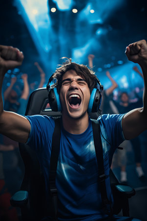 Portrait of a young man in headphones playing a game on the stageの素材