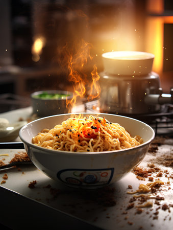 Noodles in a bowl on the table with a burning fireの素材