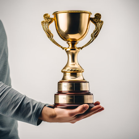 Cropped image of male hand holding golden trophy cup on grey backgroundの素材