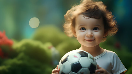 Little boy with soccer ball in his hands. 3d rendering.の素材