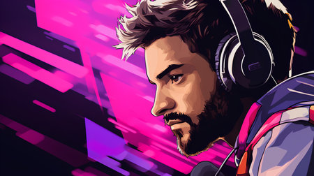 Portrait of a young man listening to music with headphones. Vector illustration.の素材