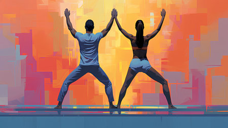 Man and woman with raised hands on city background. Vector illustration.の素材