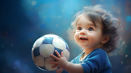 Little boy with a soccer ball in his hands. Blue background.の素材