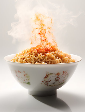 Instant noodles in a bowl with fire and smoke on a white backgroundの素材