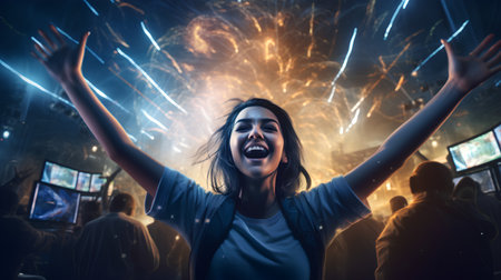 Happy young woman dancing and having fun at a music festival or night clubの素材