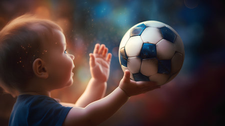 Little boy playing with a soccer ball. Sport and entertainment concept.の素材