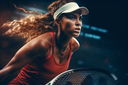 Portrait of a beautiful sportswoman playing tennis on a dark background.の素材