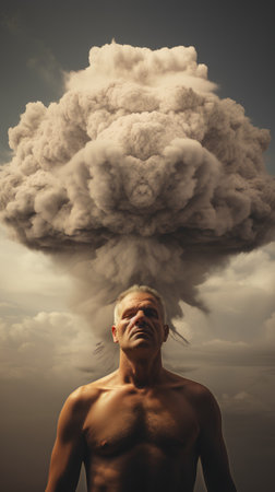 Man looking at a cloud above his head, concept of climate changeの素材