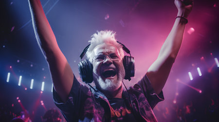 Portrait of happy senior man in headphones with raised hands and dancing on stage.の素材