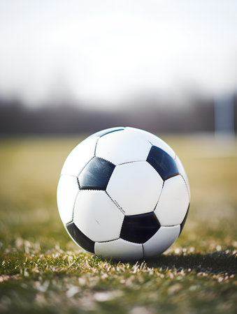 Soccer ball on the field. Close-up of soccer ballの素材