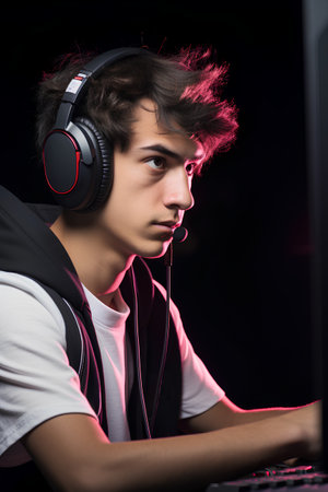 Portrait of young man with headphones playing computer games on black backgroundの素材