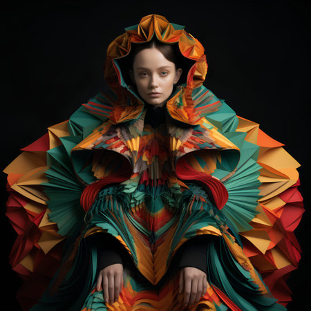 Fashion portrait of a beautiful young woman in a colorful dress on a black backgroundの素材