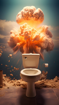 Conceptual image of disaster and danger with an explosion over the toilet bowlの素材