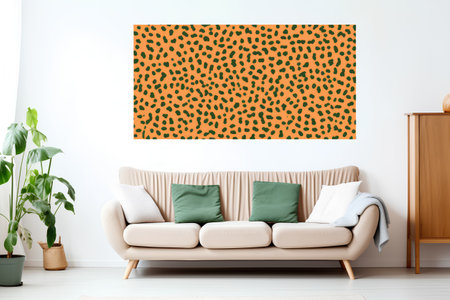 Interior of modern living room with brown sofa, green pillows and leopard print wall. 3d renderの素材