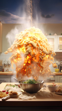 Flaming hot pot in the kitchen at night. 3d renderingの素材
