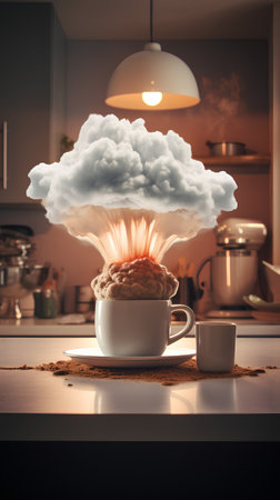 Composite image of cloud over coffee cup on kitchen countertopの素材