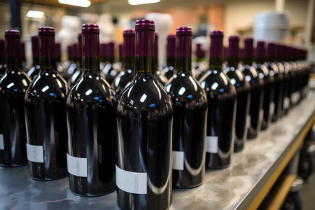 Bottles of red wine on a conveyor belt in a wine factoryの素材