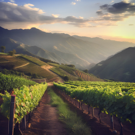 Vineyards at sunset in Lao Cai Province, Vietnamの素材