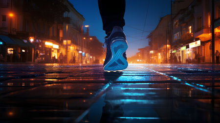 Running shoes on a city street at night. 3D rendering.の素材