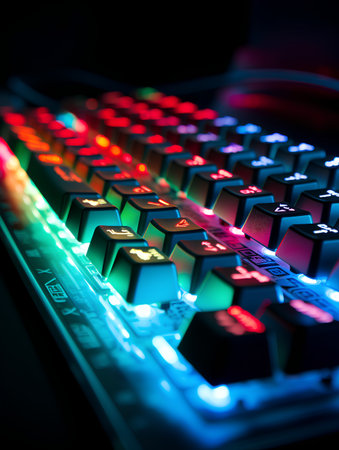 Closeup of computer keyboard with colorful lights. 3D Renderingの素材