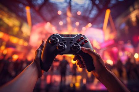 Female hands holding a gamepad in front of a live concert stageの素材