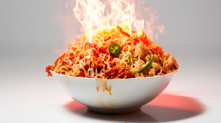 Instant noodles in a bowl with hot chili pepper on a white backgroundの素材