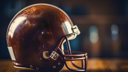 American football helmet on a wooden background. Close-up. Selective focus.の素材