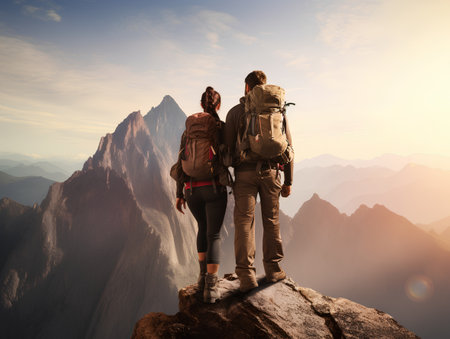 Couple of hikers with backpacks standing on the edge of a cliff in the mountainsの素材