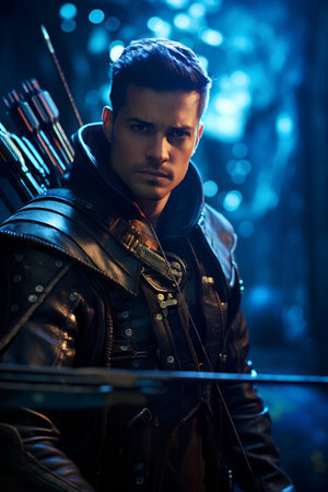 Portrait of a handsome steampunk man in a leather jacket.の素材