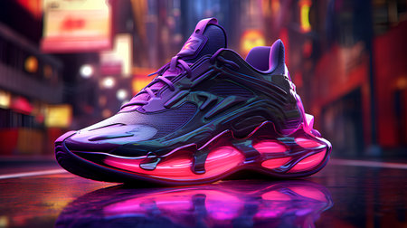 3d rendering of a pair of running shoes in neon light.の素材