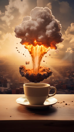 Cup of coffee with explosion effect on the background of the cityの素材