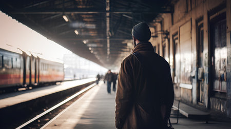 Young man waiting for train on the platform of a railway station.の素材