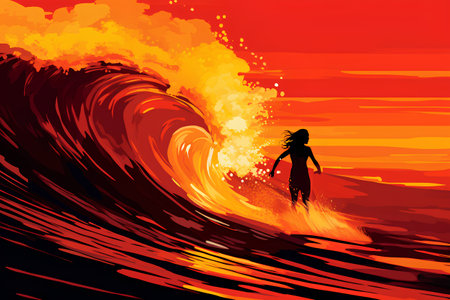 Surfer girl on the wave at sunset. Vector illustration. Eps 10の素材