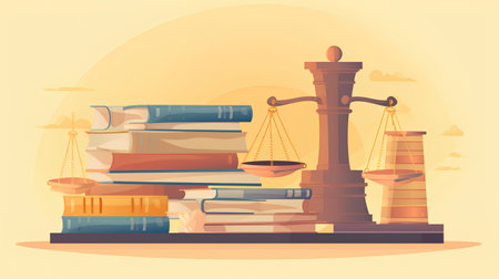 Law and justice concept. Vector illustration in flat cartoon style. Judge gavel, scale, books, scale.の素材